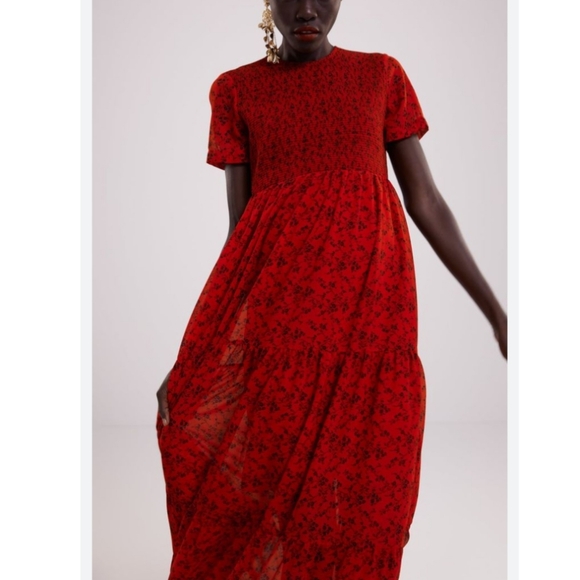 Zara Red and Black Floral Print Chiffon Dress - Picture 2 of 8